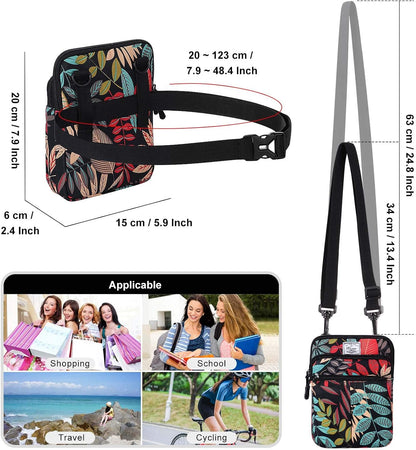 Multifunction Phone Bag One Shoulder Phone Waist Bag Diagonal Cross Bag Smart Phone Case Outdoor Bag Triple Zip Hipster Crossbody Purse for Women & Men Black-flowers
