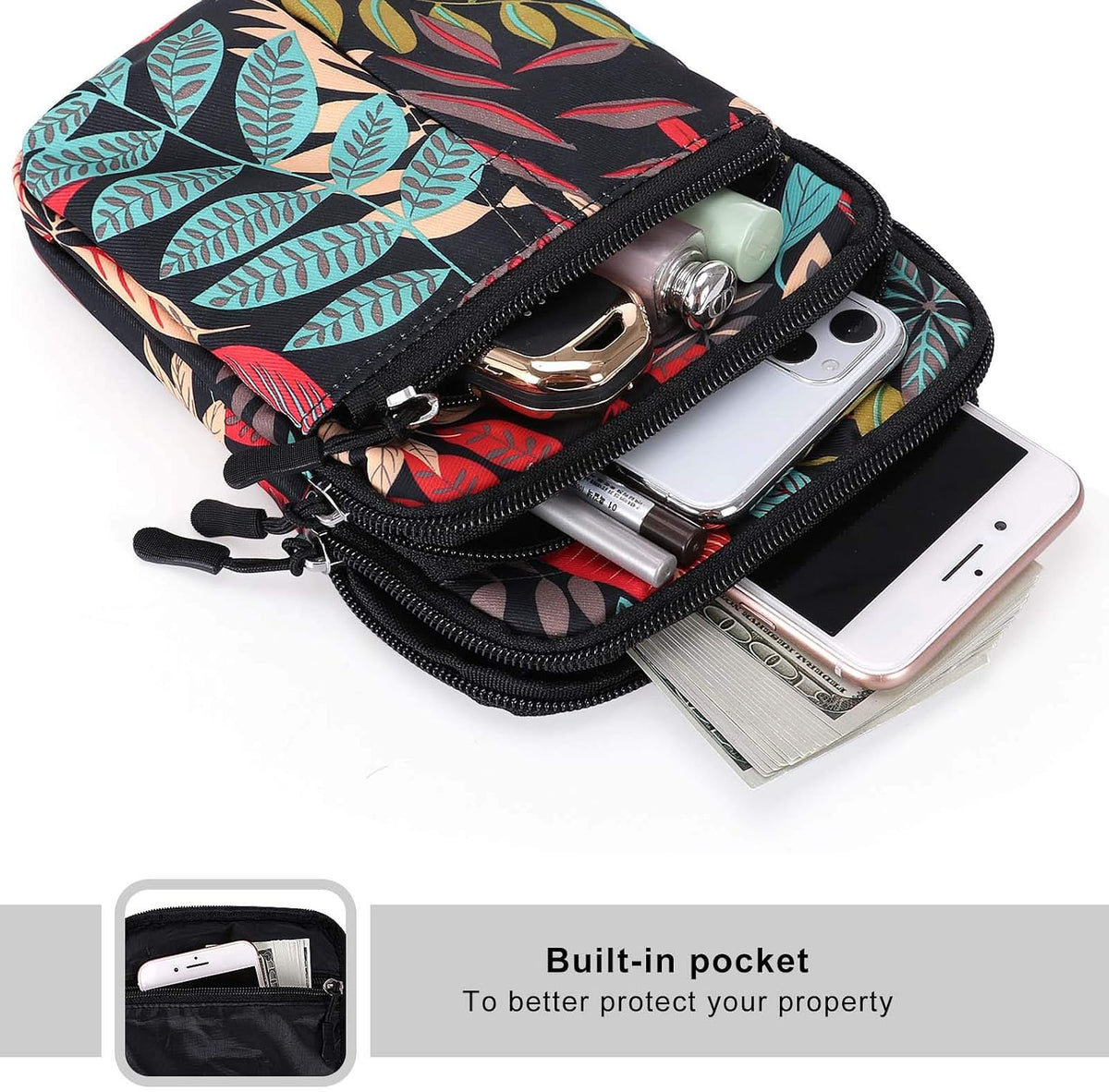 Multifunction Phone Bag One Shoulder Phone Waist Bag Diagonal Cross Bag Smart Phone Case Outdoor Bag Triple Zip Hipster Crossbody Purse for Women & Men Black-flowers