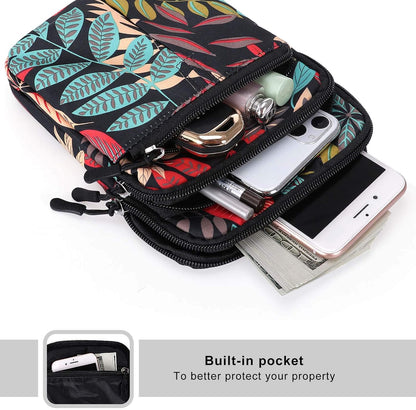 Multifunction Phone Bag One Shoulder Phone Waist Bag Diagonal Cross Bag Smart Phone Case Outdoor Bag Triple Zip Hipster Crossbody Purse for Women & Men Black-flowers