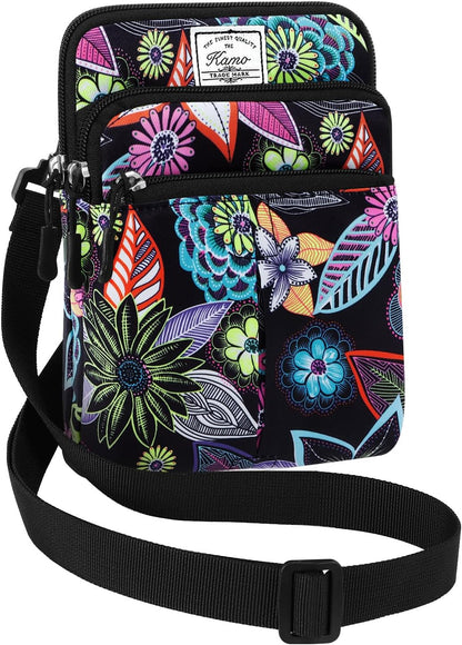 Multifunction Phone Bag One Shoulder Phone Waist Bag Diagonal Cross Bag Smart Phone Case Outdoor Bag Triple Zip Hipster Crossbody Purse for Women & Men Black-flowers