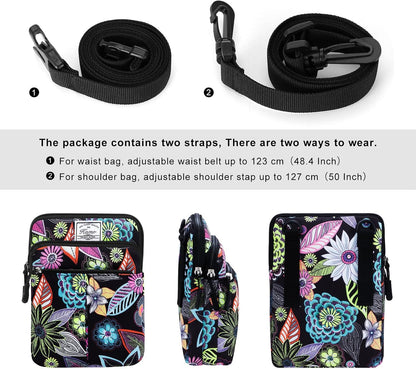 Multifunction Phone Bag One Shoulder Phone Waist Bag Diagonal Cross Bag Smart Phone Case Outdoor Bag Triple Zip Hipster Crossbody Purse for Women & Men Black-flowers