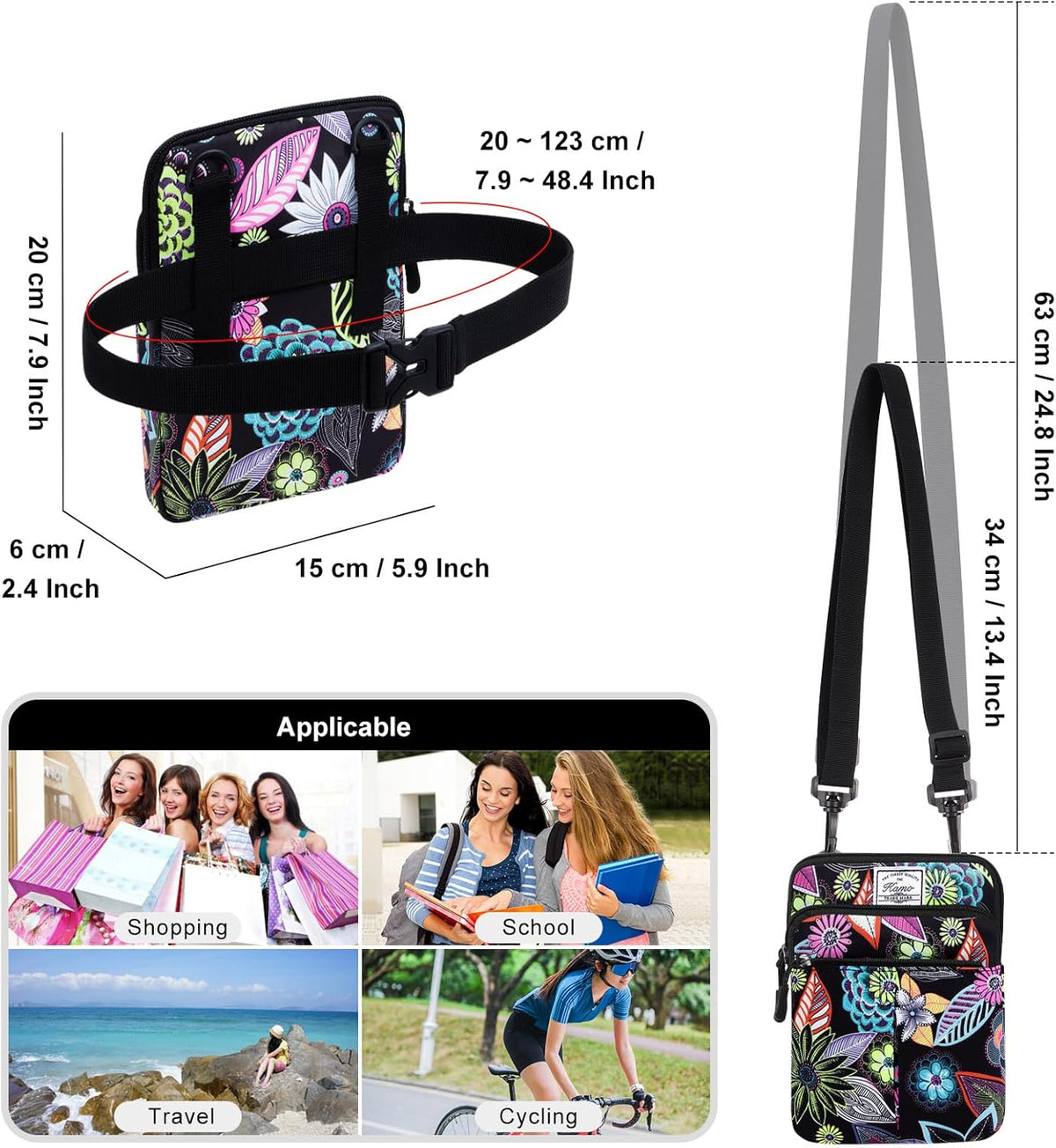 Multifunction Phone Bag One Shoulder Phone Waist Bag Diagonal Cross Bag Smart Phone Case Outdoor Bag Triple Zip Hipster Crossbody Purse for Women & Men Black-flowers