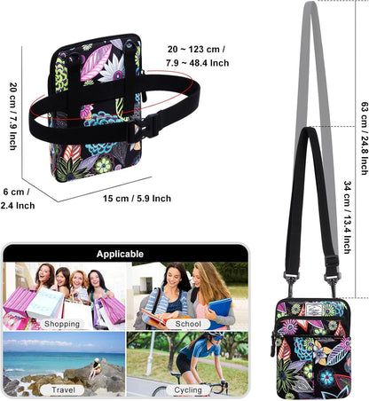 Multifunction Phone Bag One Shoulder Phone Waist Bag Diagonal Cross Bag Smart Phone Case Outdoor Bag Triple Zip Hipster Crossbody Purse for Women & Men Black-flowers