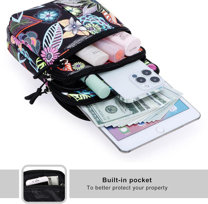 Multifunction Phone Bag One Shoulder Phone Waist Bag Diagonal Cross Bag Smart Phone Case Outdoor Bag Triple Zip Hipster Crossbody Purse for Women & Men Black-flowers