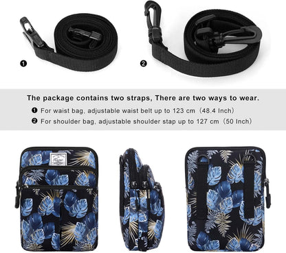 Multifunction Phone Bag One Shoulder Phone Waist Bag Diagonal Cross Bag Smart Phone Case Outdoor Bag Triple Zip Hipster Crossbody Purse for Women & Men Black-flowers