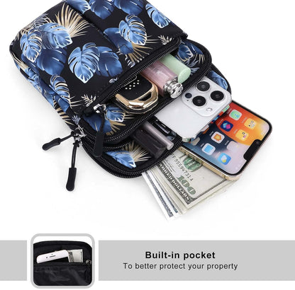Multifunction Phone Bag One Shoulder Phone Waist Bag Diagonal Cross Bag Smart Phone Case Outdoor Bag Triple Zip Hipster Crossbody Purse for Women & Men Black-flowers