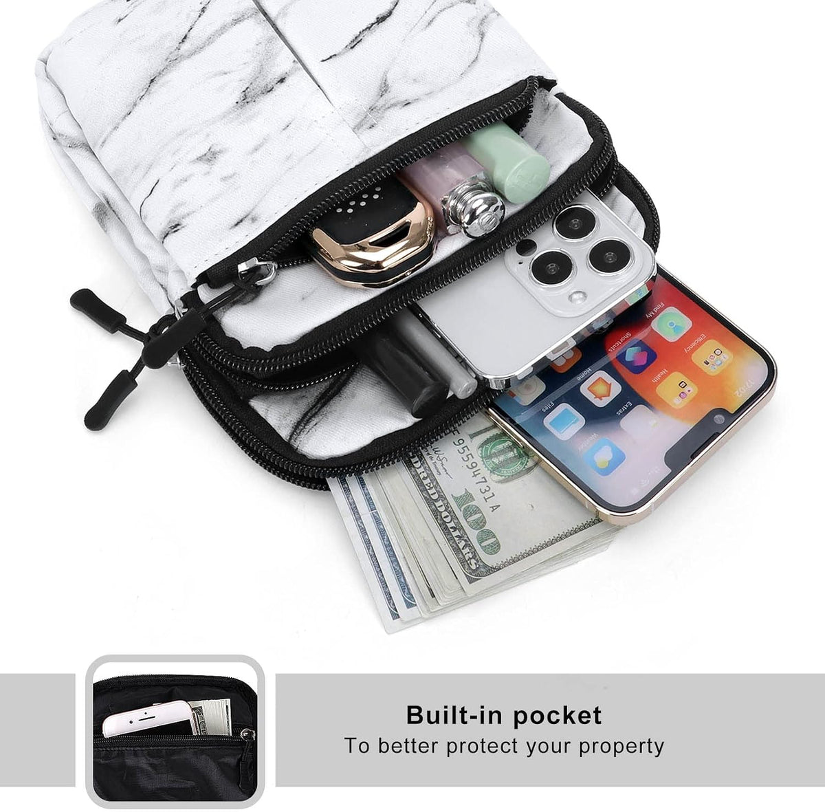 Multifunction Phone Bag One Shoulder Phone Waist Bag Diagonal Cross Bag Smart Phone Case Outdoor Bag Triple Zip Hipster Crossbody Purse for Women & Men Black-flowers