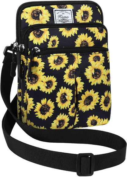 Multifunction Phone Bag One Shoulder Phone Waist Bag Diagonal Cross Bag Smart Phone Case Outdoor Bag Triple Zip Hipster Crossbody Purse for Women & Men Black-flowers