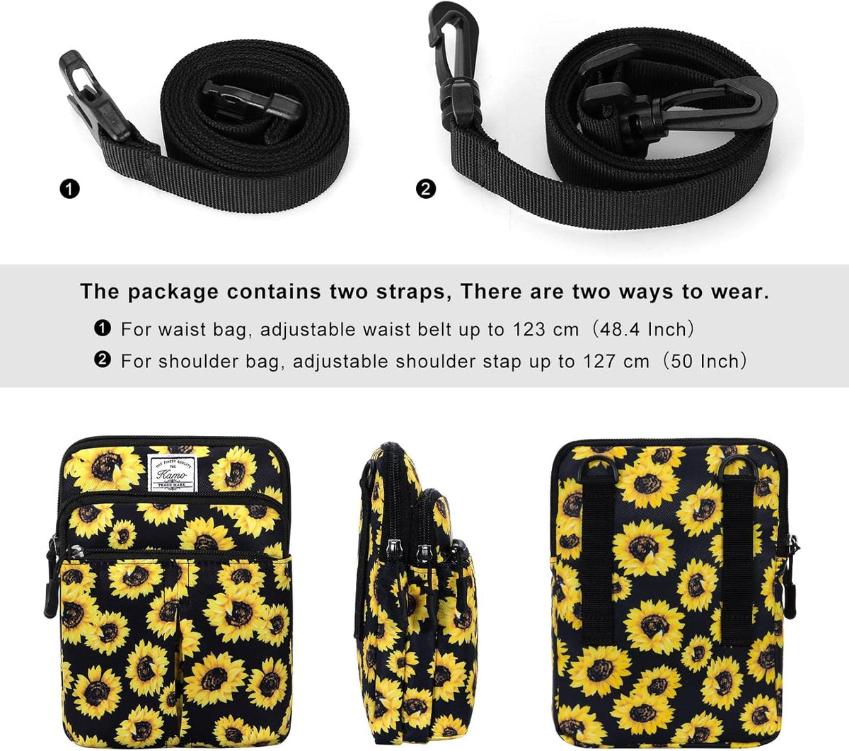 Multifunction Phone Bag One Shoulder Phone Waist Bag Diagonal Cross Bag Smart Phone Case Outdoor Bag Triple Zip Hipster Crossbody Purse for Women & Men Black-flowers