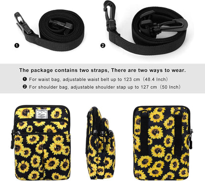 Multifunction Phone Bag One Shoulder Phone Waist Bag Diagonal Cross Bag Smart Phone Case Outdoor Bag Triple Zip Hipster Crossbody Purse for Women & Men Black-flowers