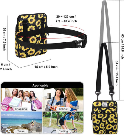 Multifunction Phone Bag One Shoulder Phone Waist Bag Diagonal Cross Bag Smart Phone Case Outdoor Bag Triple Zip Hipster Crossbody Purse for Women & Men Black-flowers