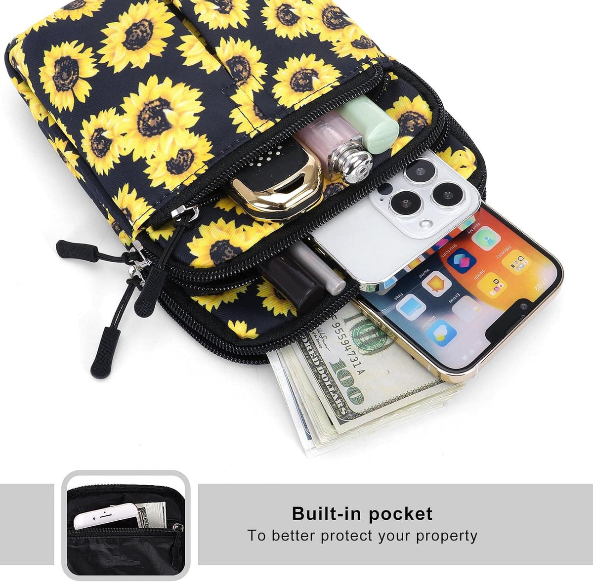Multifunction Phone Bag One Shoulder Phone Waist Bag Diagonal Cross Bag Smart Phone Case Outdoor Bag Triple Zip Hipster Crossbody Purse for Women & Men Black-flowers