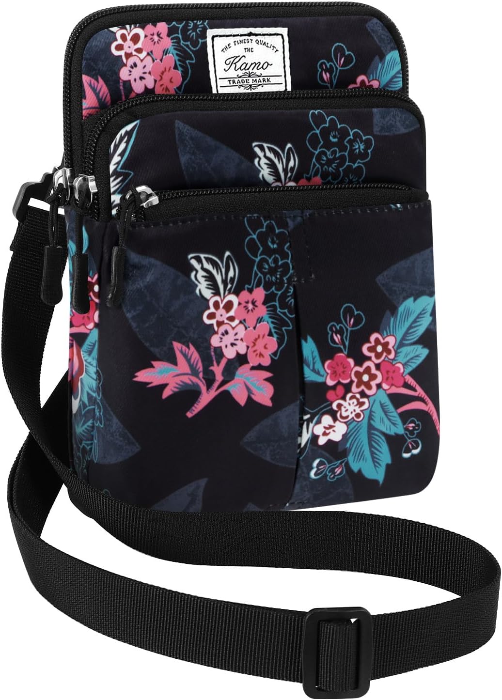 Multifunction Phone Bag One Shoulder Phone Waist Bag Diagonal Cross Bag Smart Phone Case Outdoor Bag Triple Zip Hipster Crossbody Purse for Women & Men Black-flowers