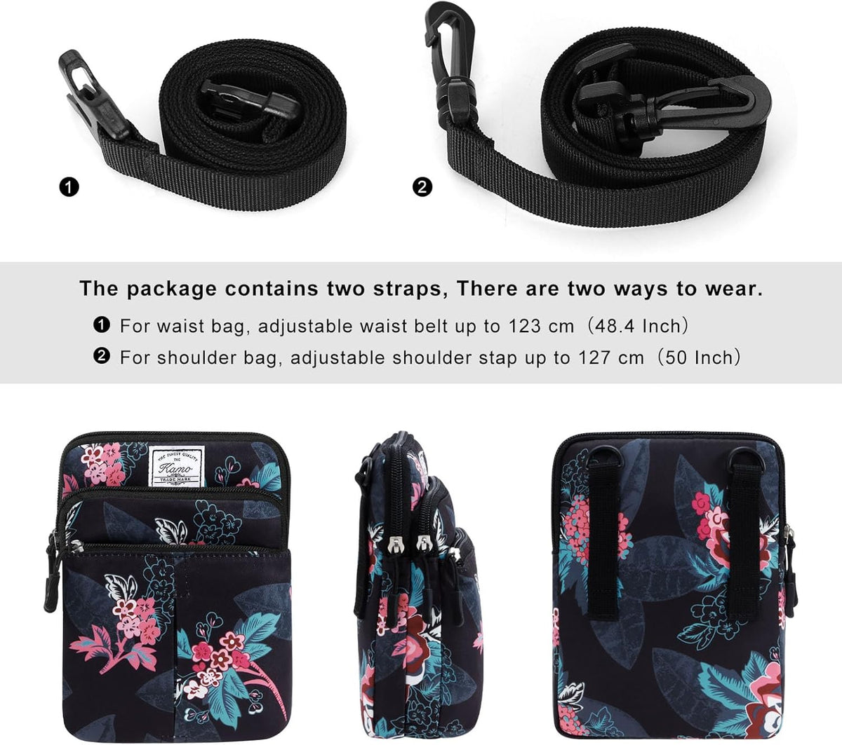 Multifunction Phone Bag One Shoulder Phone Waist Bag Diagonal Cross Bag Smart Phone Case Outdoor Bag Triple Zip Hipster Crossbody Purse for Women & Men Black-flowers