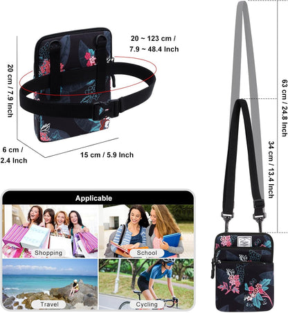 Multifunction Phone Bag One Shoulder Phone Waist Bag Diagonal Cross Bag Smart Phone Case Outdoor Bag Triple Zip Hipster Crossbody Purse for Women & Men Black-flowers