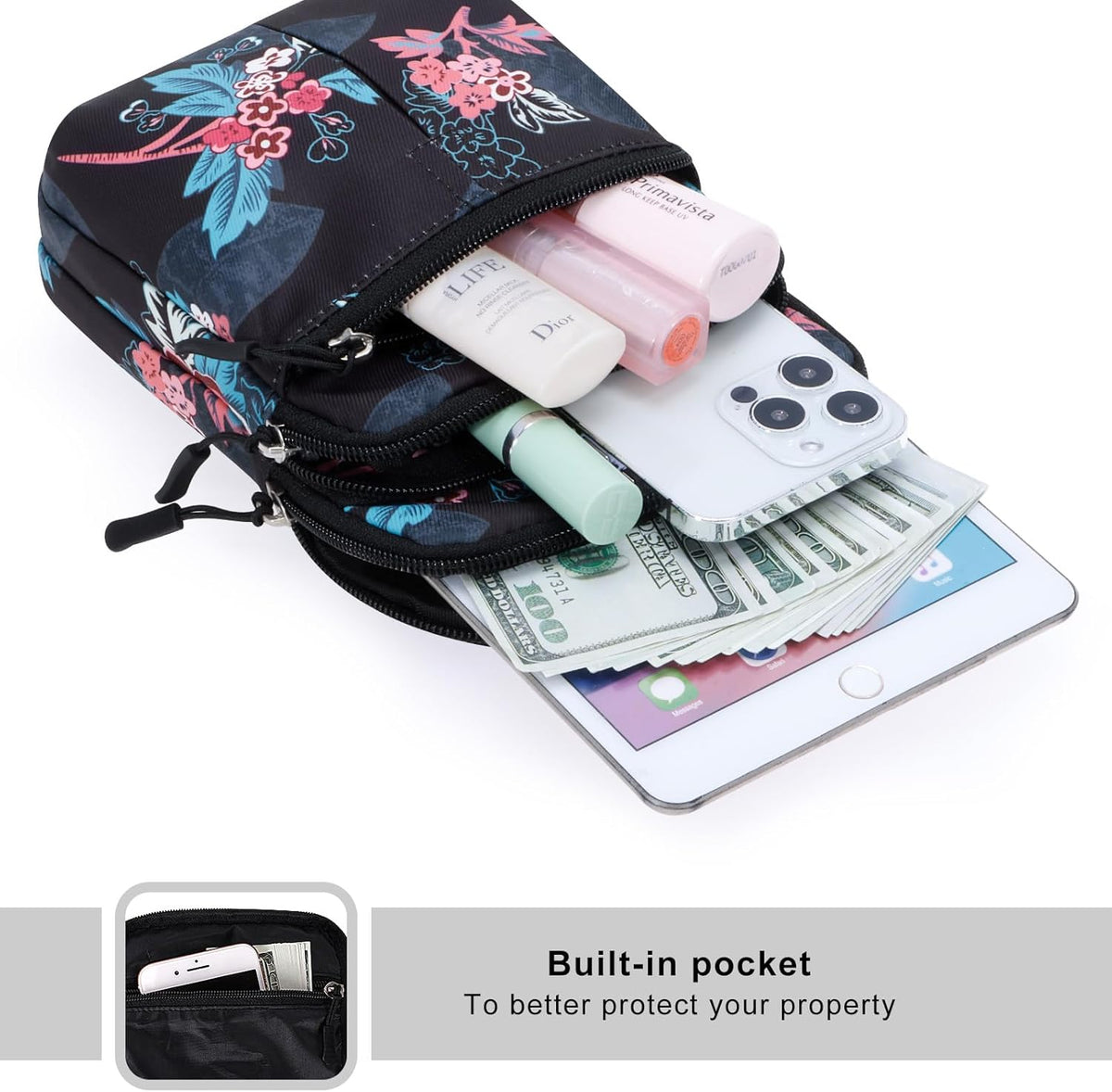 Multifunction Phone Bag One Shoulder Phone Waist Bag Diagonal Cross Bag Smart Phone Case Outdoor Bag Triple Zip Hipster Crossbody Purse for Women & Men Black-flowers