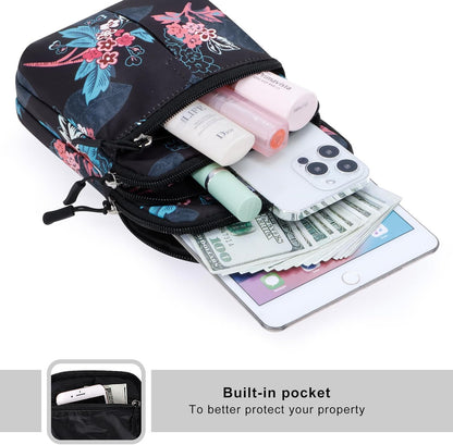 Multifunction Phone Bag One Shoulder Phone Waist Bag Diagonal Cross Bag Smart Phone Case Outdoor Bag Triple Zip Hipster Crossbody Purse for Women & Men Black-flowers
