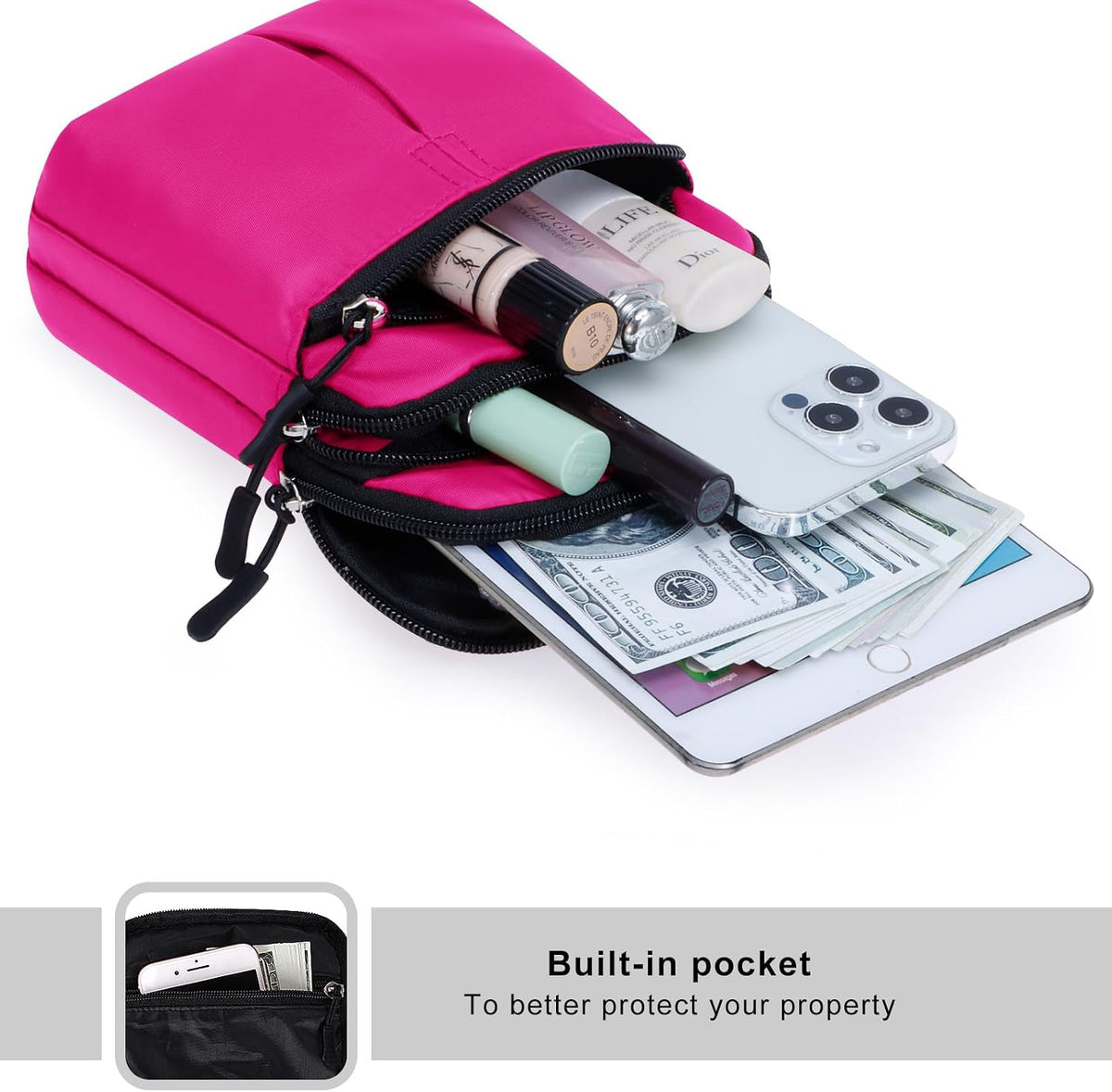 Multifunction Phone Bag One Shoulder Phone Waist Bag Diagonal Cross Bag Smart Phone Case Outdoor Bag Triple Zip Hipster Crossbody Purse for Women & Men Black-flowers