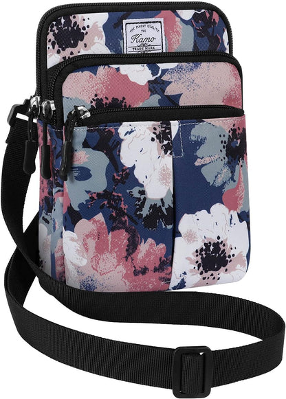 Multifunction Phone Bag One Shoulder Phone Waist Bag Diagonal Cross Bag Smart Phone Case Outdoor Bag Triple Zip Hipster Crossbody Purse for Women & Men Black-flowers