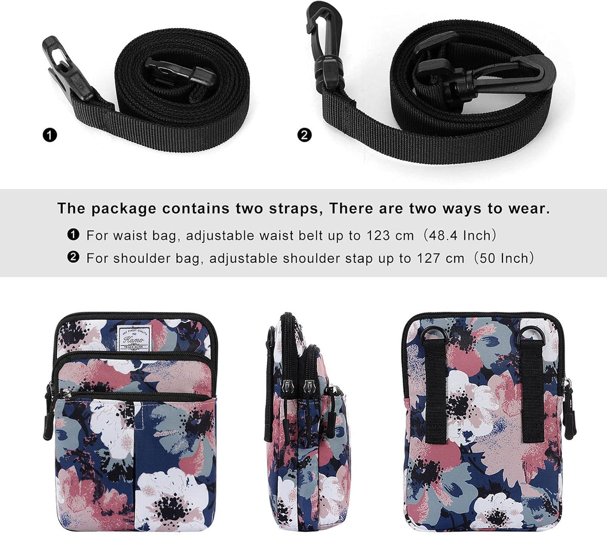Multifunction Phone Bag One Shoulder Phone Waist Bag Diagonal Cross Bag Smart Phone Case Outdoor Bag Triple Zip Hipster Crossbody Purse for Women & Men Black-flowers