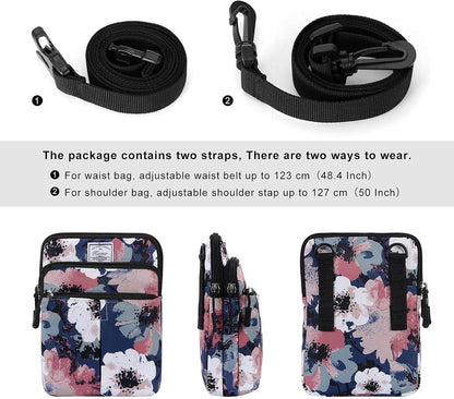 Multifunction Phone Bag One Shoulder Phone Waist Bag Diagonal Cross Bag Smart Phone Case Outdoor Bag Triple Zip Hipster Crossbody Purse for Women & Men Black-flowers