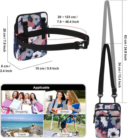 Multifunction Phone Bag One Shoulder Phone Waist Bag Diagonal Cross Bag Smart Phone Case Outdoor Bag Triple Zip Hipster Crossbody Purse for Women & Men Black-flowers