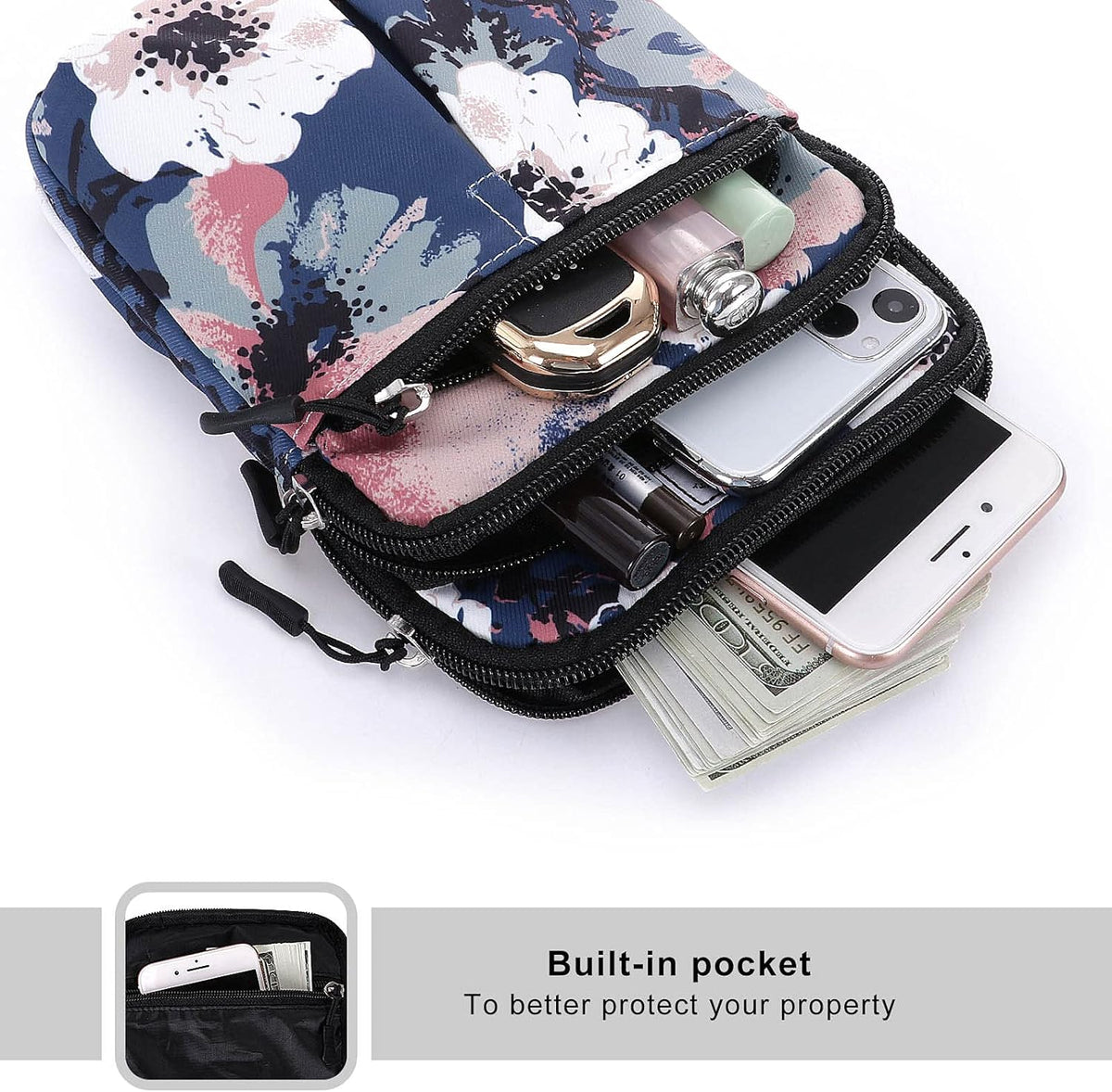 Multifunction Phone Bag One Shoulder Phone Waist Bag Diagonal Cross Bag Smart Phone Case Outdoor Bag Triple Zip Hipster Crossbody Purse for Women & Men Black-flowers