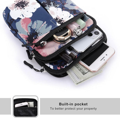 Multifunction Phone Bag One Shoulder Phone Waist Bag Diagonal Cross Bag Smart Phone Case Outdoor Bag Triple Zip Hipster Crossbody Purse for Women & Men Black-flowers