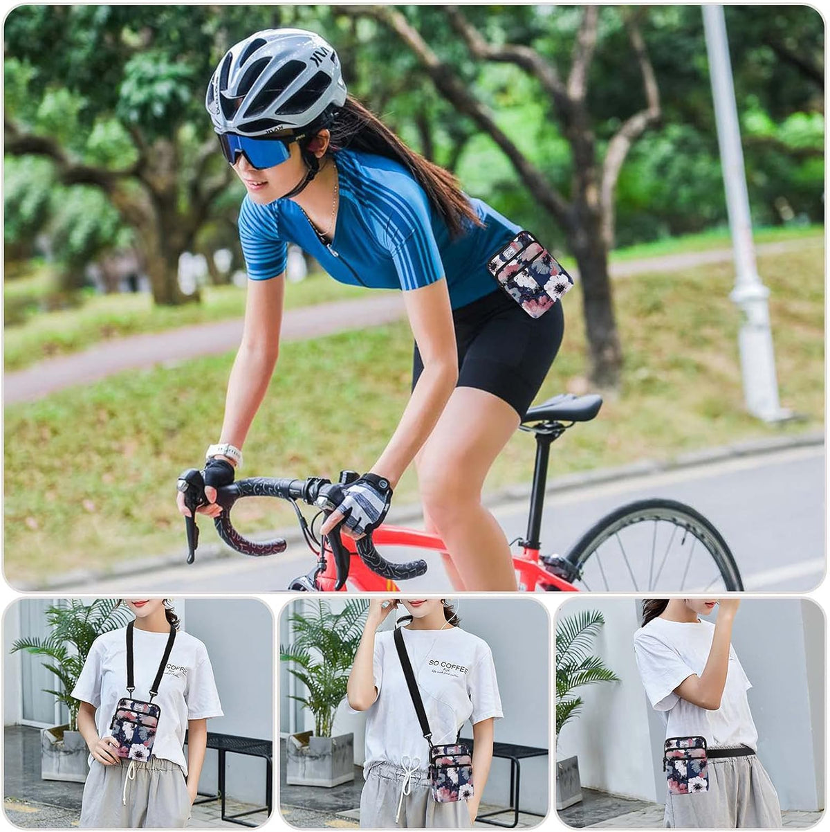 Multifunction Phone Bag One Shoulder Phone Waist Bag Diagonal Cross Bag Smart Phone Case Outdoor Bag Triple Zip Hipster Crossbody Purse for Women & Men Black-flowers