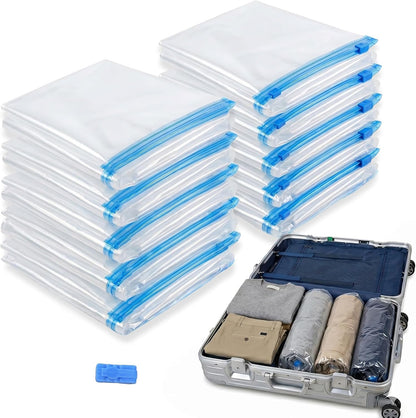 Compression Clear Bags 10 Pack for Travel Essentials, Roll Up No Vacuum Pump or Air Extractor Needed Space Saver Transparent Organizer, Reusable Storage Caddy for Clothes, Luggage, Closet, 20" x 16"