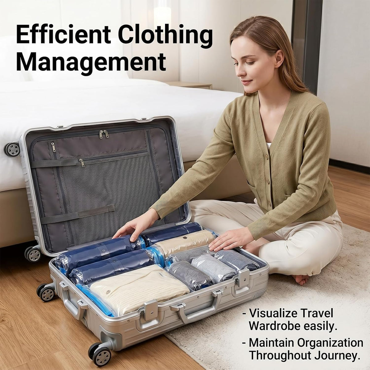 Compression Clear Bags 10 Pack for Travel Essentials, Roll Up No Vacuum Pump or Air Extractor Needed Space Saver Transparent Organizer, Reusable Storage Caddy for Clothes, Luggage, Closet, 20" x 16"