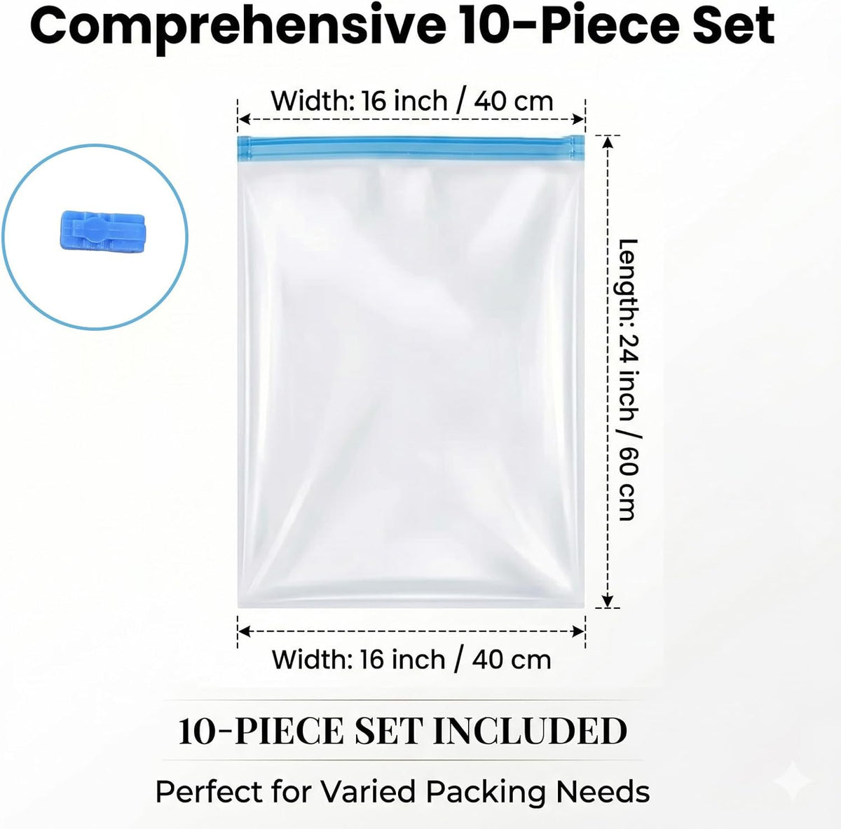 Compression Clear Bags 10 Pack for Travel Essentials, Roll Up No Vacuum Pump or Air Extractor Needed Space Saver Transparent Organizer, Reusable Storage Caddy for Clothes, Luggage, Closet, 20" x 16"