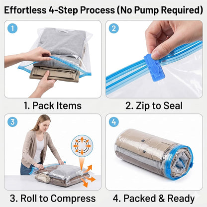 Compression Clear Bags 10 Pack for Travel Essentials, Roll Up No Vacuum Pump or Air Extractor Needed Space Saver Transparent Organizer, Reusable Storage Caddy for Clothes, Luggage, Closet, 20" x 16"