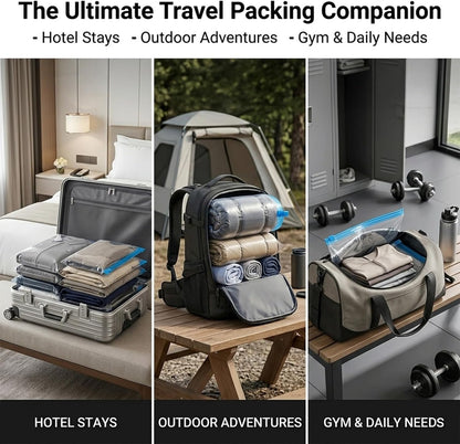 Compression Clear Bags 10 Pack for Travel Essentials, Roll Up No Vacuum Pump or Air Extractor Needed Space Saver Transparent Organizer, Reusable Storage Caddy for Clothes, Luggage, Closet, 20" x 16"