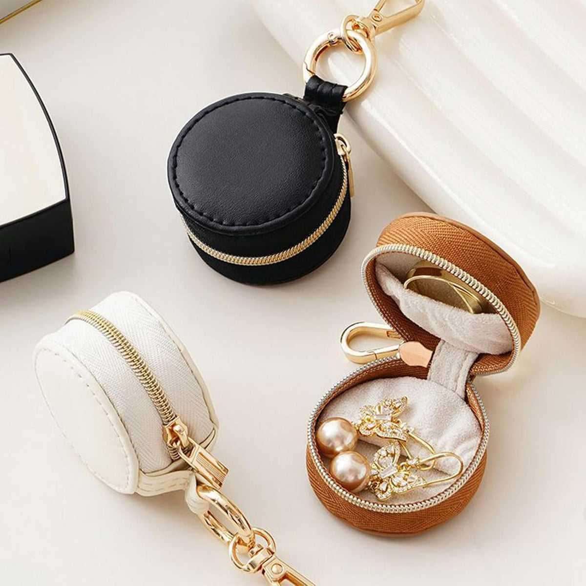 Jewelry Ring Holder Keychain - Portable Travel Sports Ring Keeper Case - Mini Small Versatile Carrying Display Storage Organizer Box With Key Chain (Brown)
