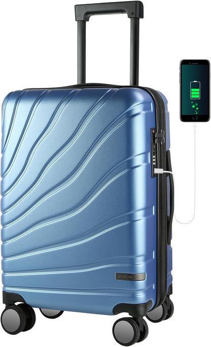 Carry On Luggage with Spinner Wheels & TSA Lock, Expandable Fashionable Hard Shell Suitcase airline approved，20 Inch Carry-On，Lake Blue