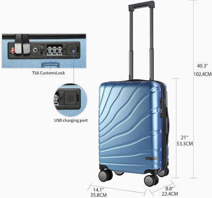 Carry On Luggage with Spinner Wheels & TSA Lock, Expandable Fashionable Hard Shell Suitcase airline approved，20 Inch Carry-On，Lake Blue