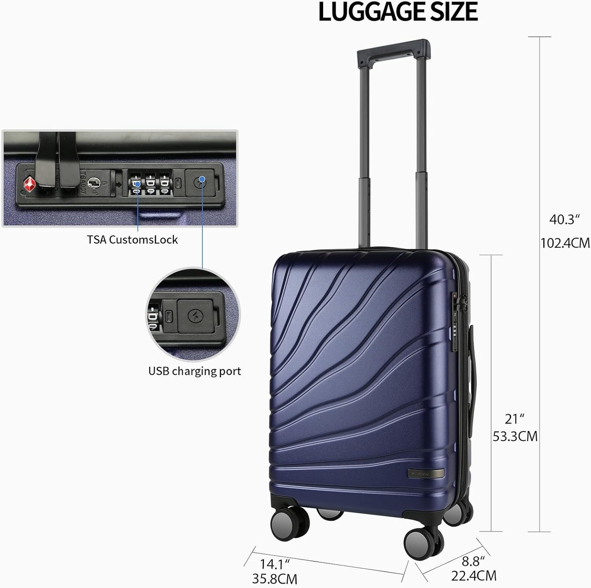 Carry On Luggage with Spinner Wheels & TSA Lock, Expandable Fashionable Hard Shell Suitcase airline approved，20 Inch Carry-On，Lake Blue