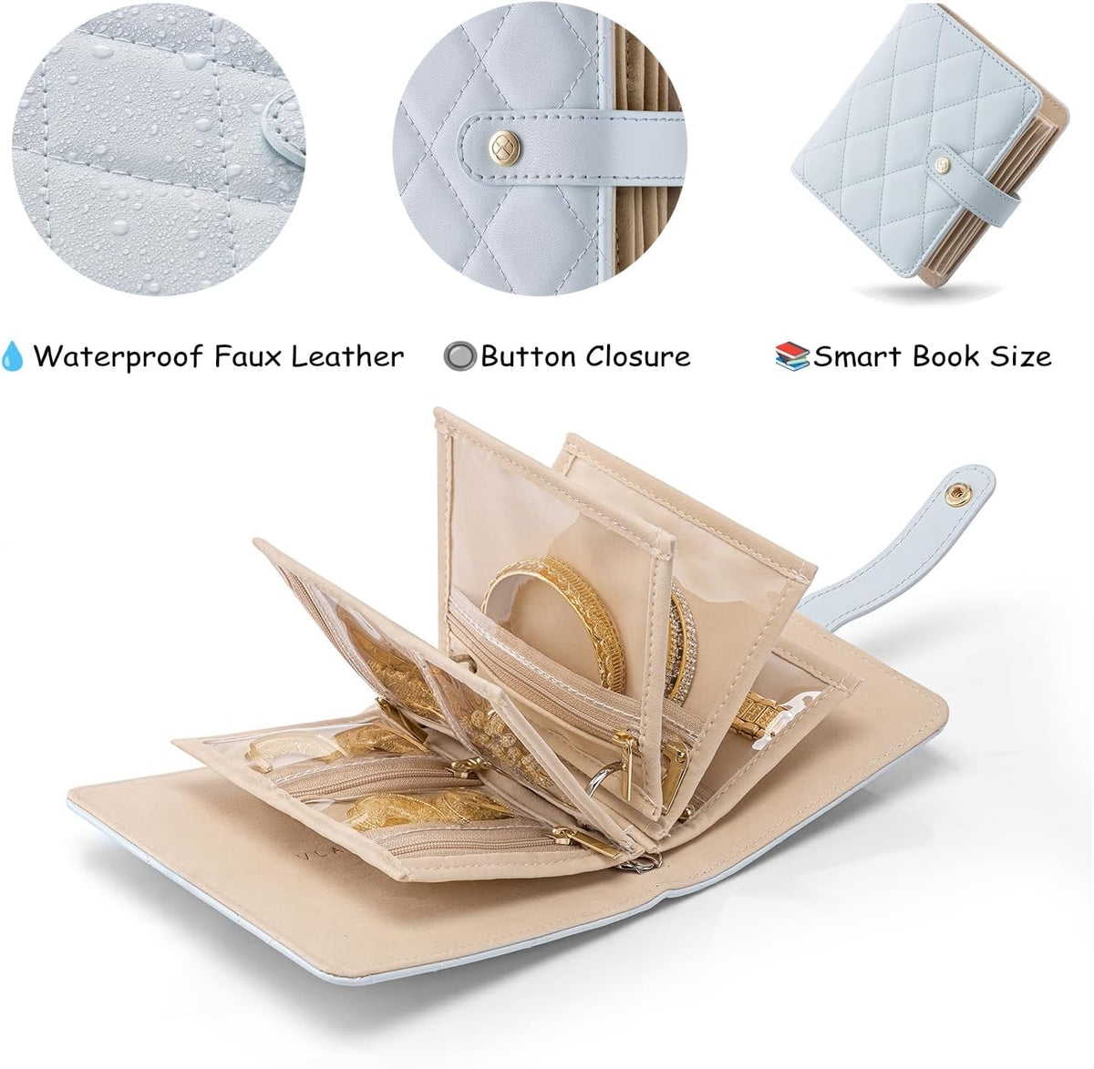 Jewelry Book Organizer - Leather Travel Jewelry Case with 5 Detachable Pages for Necklaces, Rings, Earrings, Tangle-Free, Giftable,Seashell Pink