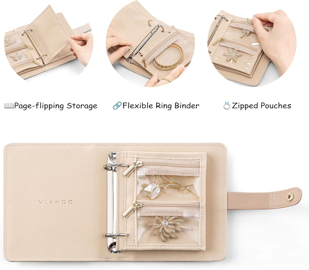 Jewelry Book Organizer - Leather Travel Jewelry Case with 5 Detachable Pages for Necklaces, Rings, Earrings, Tangle-Free, Giftable,Seashell Pink