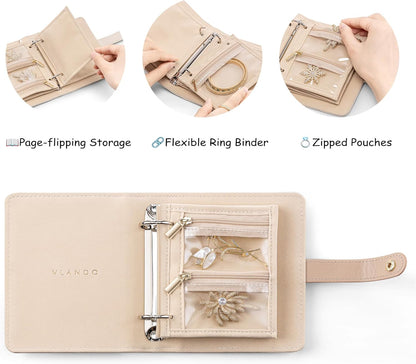 Jewelry Book Organizer - Leather Travel Jewelry Case with 5 Detachable Pages for Necklaces, Rings, Earrings, Tangle-Free, Giftable,Seashell Pink