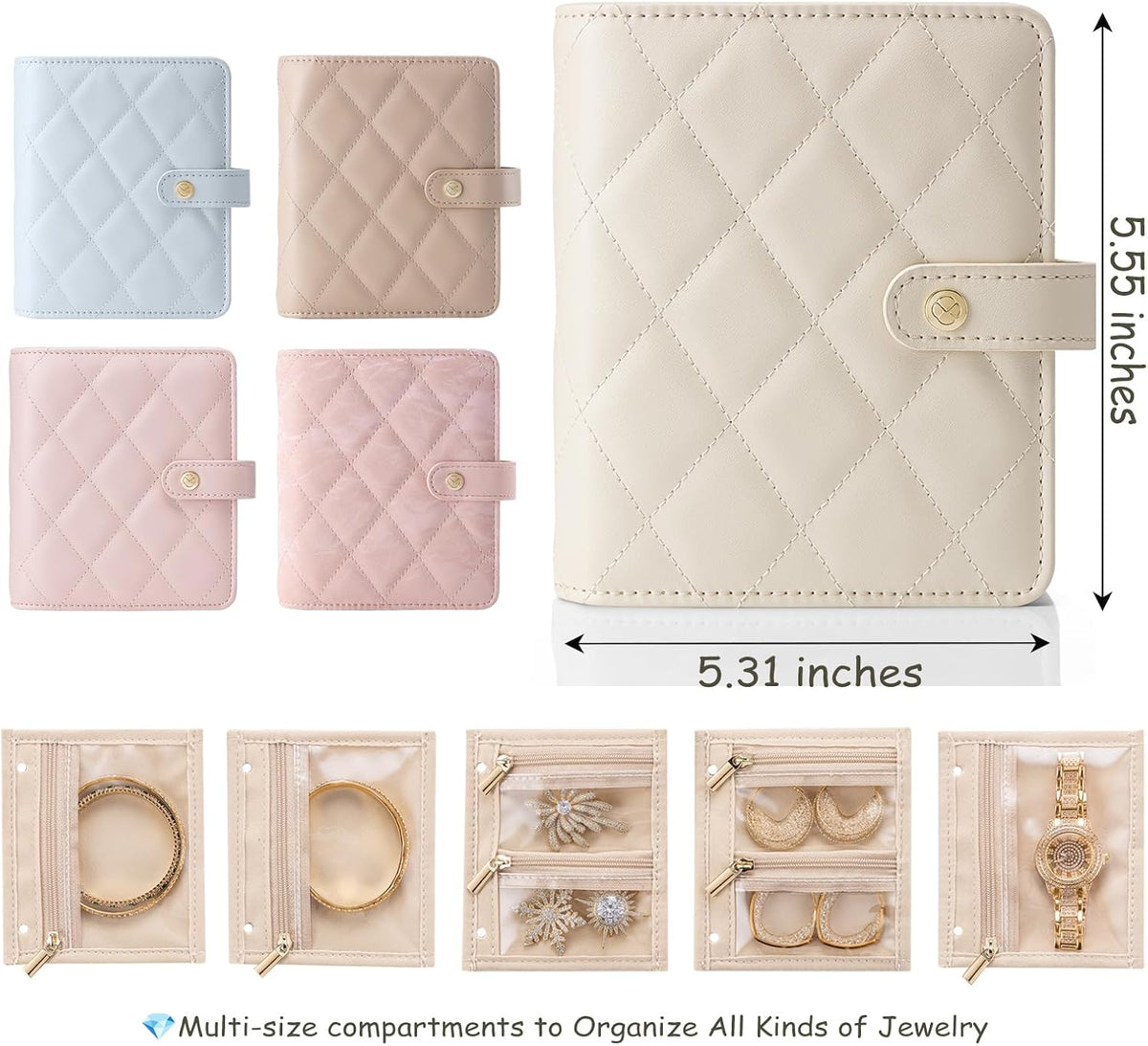 Jewelry Book Organizer - Leather Travel Jewelry Case with 5 Detachable Pages for Necklaces, Rings, Earrings, Tangle-Free, Giftable,Seashell Pink