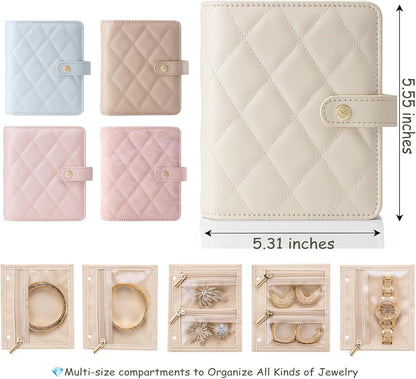 Jewelry Book Organizer - Leather Travel Jewelry Case with 5 Detachable Pages for Necklaces, Rings, Earrings, Tangle-Free, Giftable,Seashell Pink