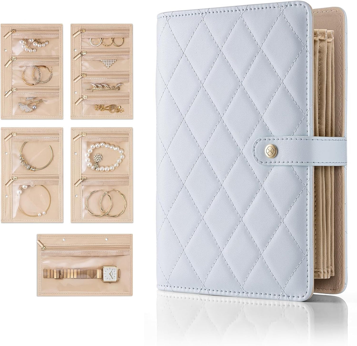 Jewelry Book Organizer - Leather Travel Jewelry Case with 5 Detachable Pages for Necklaces, Rings, Earrings, Tangle-Free, Giftable,Seashell Pink