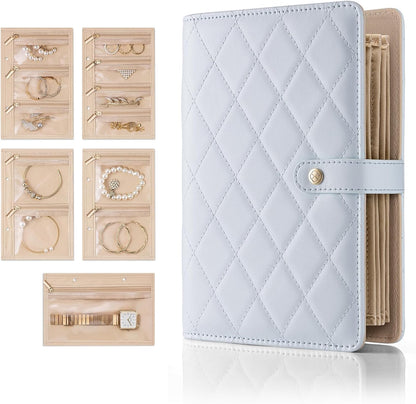 Jewelry Book Organizer - Leather Travel Jewelry Case with 5 Detachable Pages for Necklaces, Rings, Earrings, Tangle-Free, Giftable,Seashell Pink