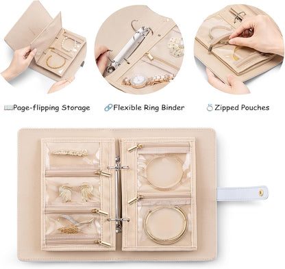 Jewelry Book Organizer - Leather Travel Jewelry Case with 5 Detachable Pages for Necklaces, Rings, Earrings, Tangle-Free, Giftable,Seashell Pink
