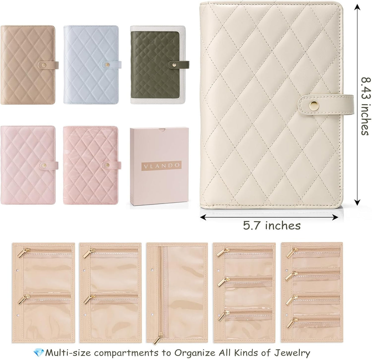 Jewelry Book Organizer - Leather Travel Jewelry Case with 5 Detachable Pages for Necklaces, Rings, Earrings, Tangle-Free, Giftable,Seashell Pink