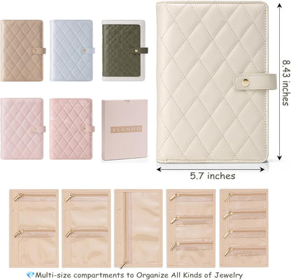 Jewelry Book Organizer - Leather Travel Jewelry Case with 5 Detachable Pages for Necklaces, Rings, Earrings, Tangle-Free, Giftable,Seashell Pink