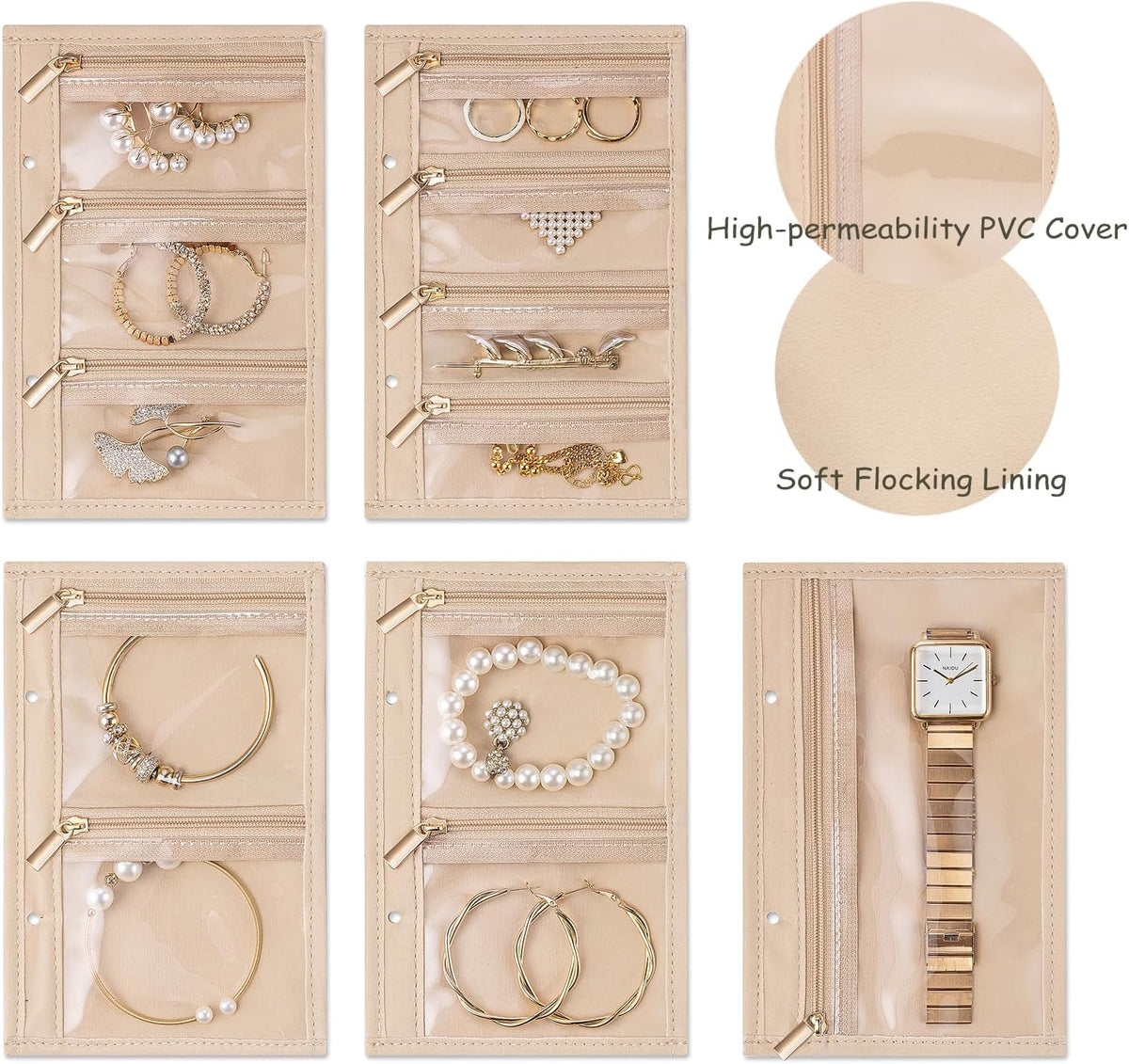 Jewelry Book Organizer - Leather Travel Jewelry Case with 5 Detachable Pages for Necklaces, Rings, Earrings, Tangle-Free, Giftable,Seashell Pink