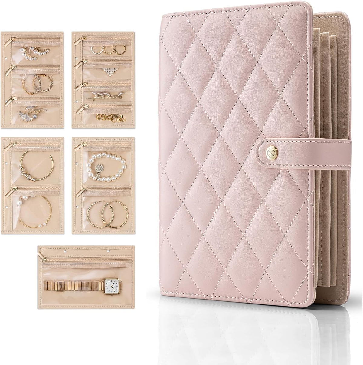Jewelry Book Organizer - Leather Travel Jewelry Case with 5 Detachable Pages for Necklaces, Rings, Earrings, Tangle-Free, Giftable,Seashell Pink